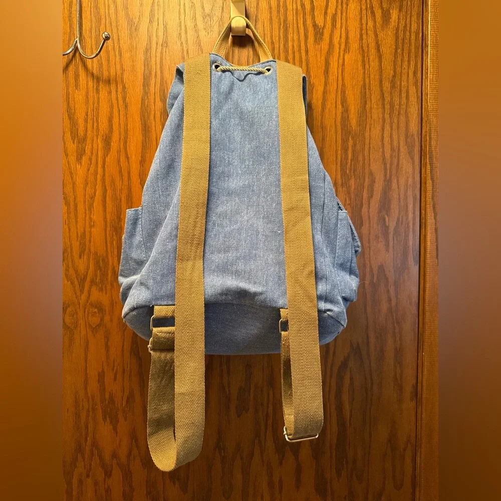 Blue and Tan Drawstring Backpack